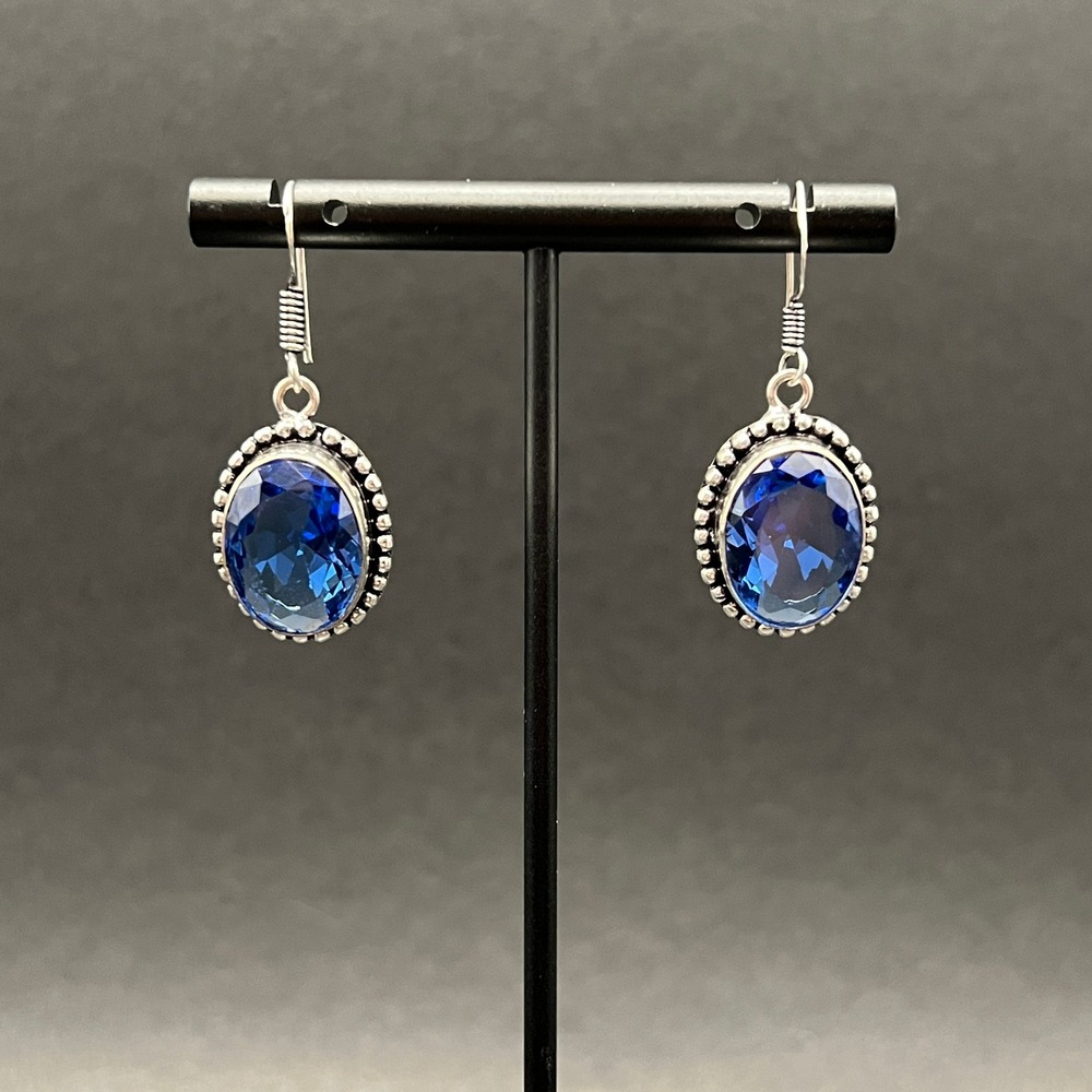 Boho Earrings Silver Tone Blue Faceted Glass Oval Bezel Set Artisan Witchy Fairy